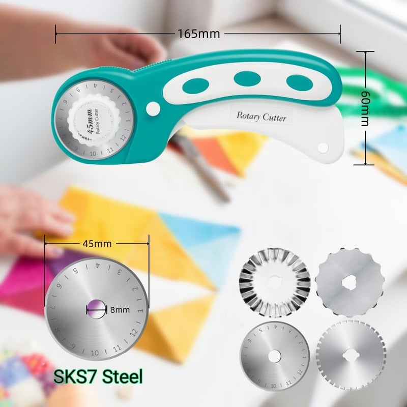 AMASEWART 45mm Rotary Cutter for Fabric with 8pcs Rotary Blades, Rolling Fabric Cutter Crochet Edge Skip Stitch Blade Perforating Rotary Blade, Pinking Rotary Cutter for Quilting Crafts Sewing - Image 4